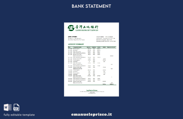 modello Excel di estratto conto bancario della Taiwan Land Bank of Taiwan in sti